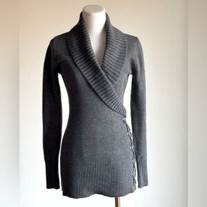 Pattyboutik Sweater Womens S Gray Shawl Neck Lace Up Sweater EXCELLENT cond!